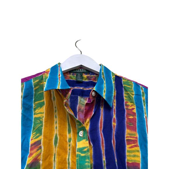 Lauren Ralph Lauren Colorful Tie Dye Bohemian Petite Vacation Button Down Shirt - Picture 3 of 10